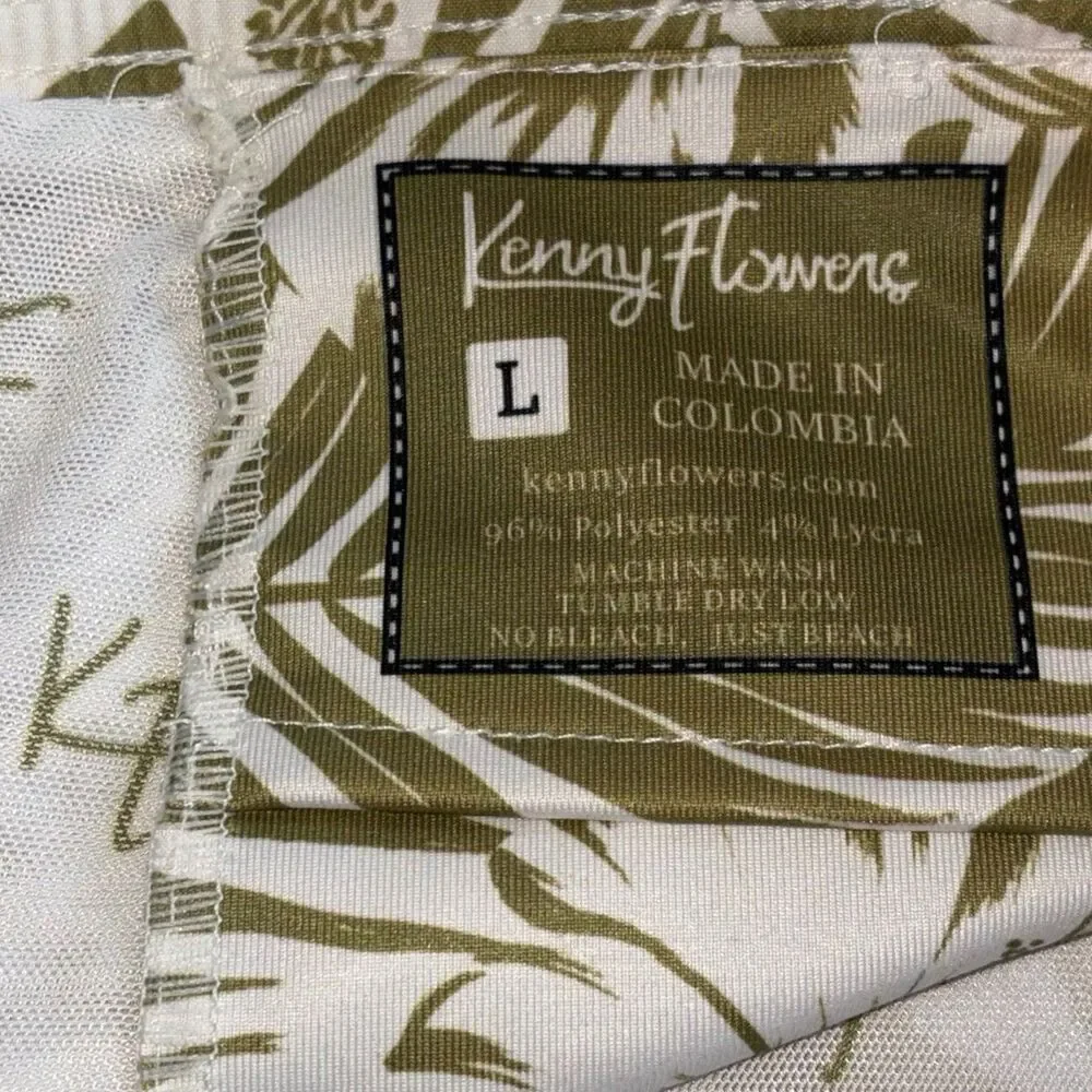 Kenny Flowers Palm Leaf Print Swim Trunks Mens Lrg White Green Lined Drawstring
